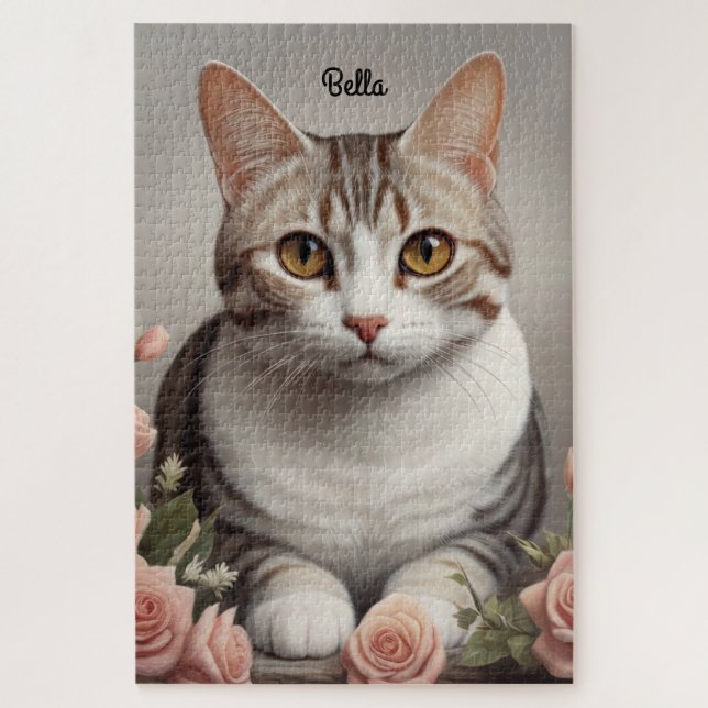 Stunning American Shorthair Cat with Delicate Rose Jigsaw Puzzle (Vertical)