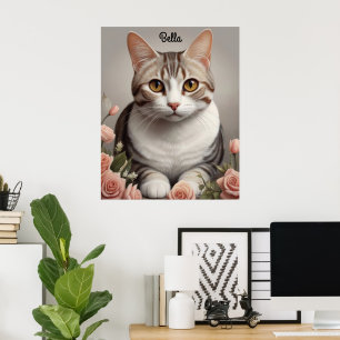 Stunning American Shorthair Cat with Delicate Rose Poster