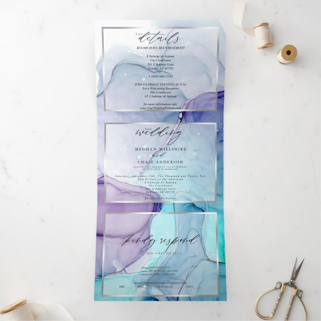 Stunning Aqua Violet Abstract Ink Tri-Fold Invitat Invitation (Inside)