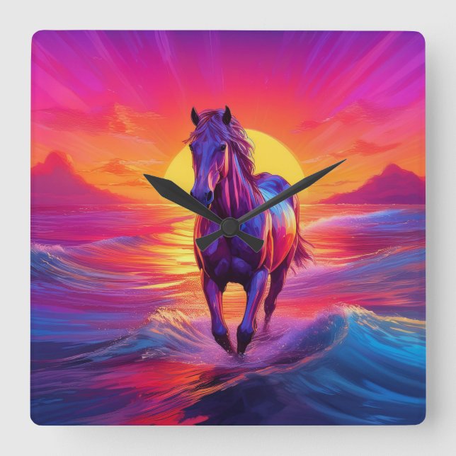 Stunning Artwork of Horse at Sunset Square Wall Clock (Front)
