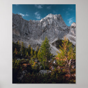 Stunning autumn scenery below mountains poster