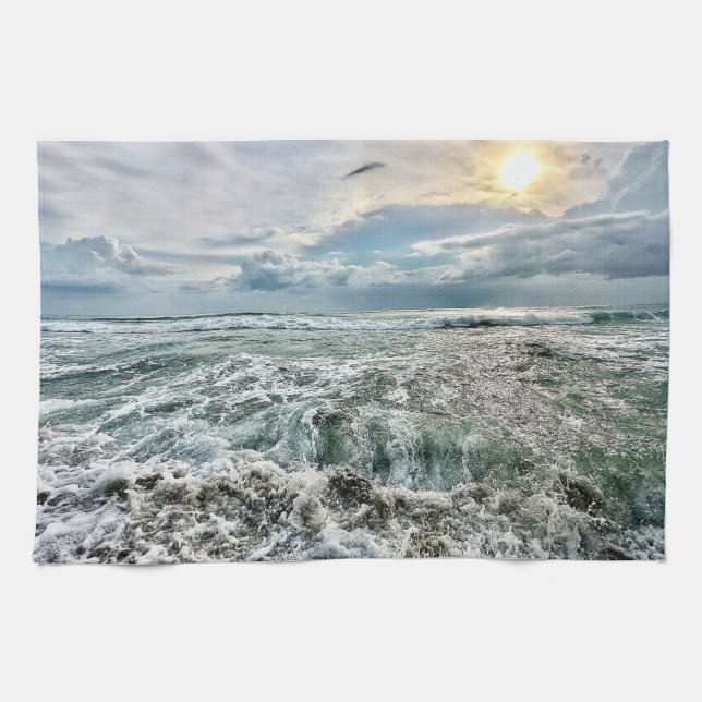 stunning beach scene with crashing waves tea towel (Horizontal)