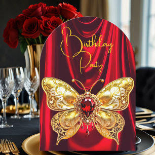 Stunning Birthday Red Gold Jewel Butterfly  Invitation