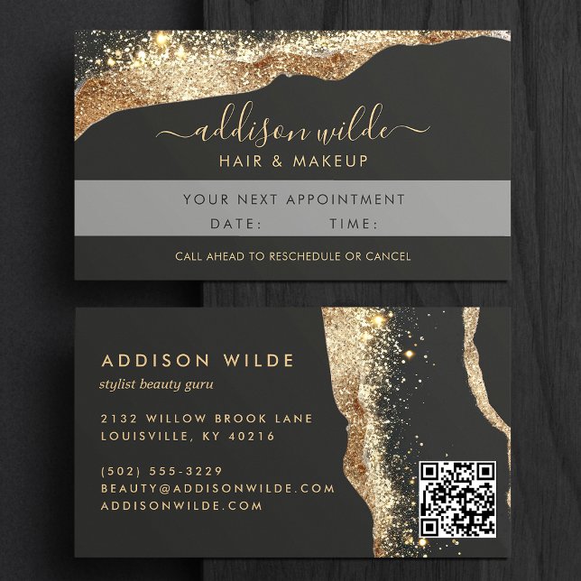 Stunning Black And Gold Glitter Script QR Code Appointment Card (Creator Uploaded)