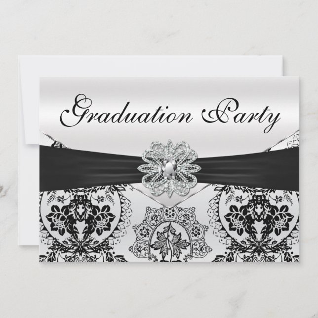 Stunning Black and Silver Damask Graduation Party Invitation (Front)