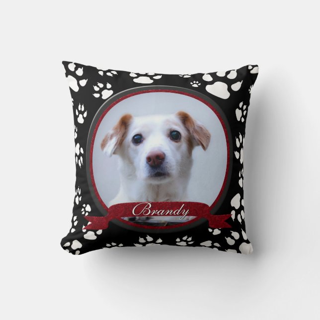 Stunning Black and White Dog Memorial Paw Prints Cushion (Front)