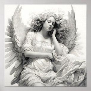 stunning black and white sleeping angel drawing poster