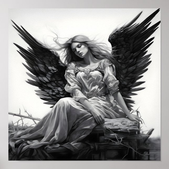 stunning black and white sleeping angel drawing  poster (Front)