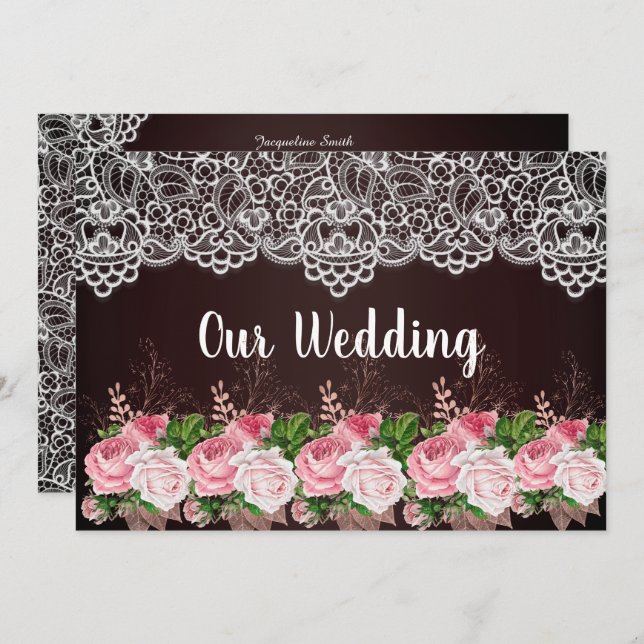 Stunning Black Background Pink Floral Lace Wedding Invitation (Front/Back)