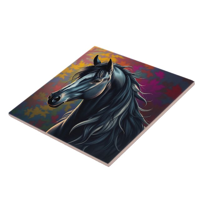 Stunning Black Friesian Horse in the Fall Ceramic Tile (Side)