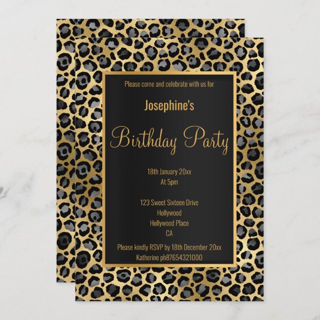 STUNNING BLACK & GOLD 2 LEOPARD BIRTHDAY  INVITATION (Front/Back)