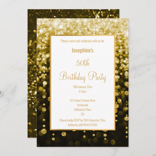 STUNNING BLACK & GOLD GLITTER WATERFALL  BIRTHDAY INVITATION (Front/Back)