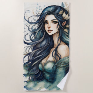 Stunning Black Haired Mermaid Beach Towel
