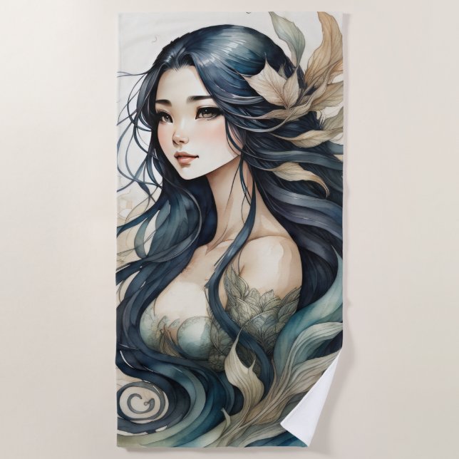 Stunning Black Haired Mermaid Beach Towel (Front)