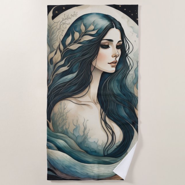 Stunning Black Haired Mermaid Beach Towel (Front)