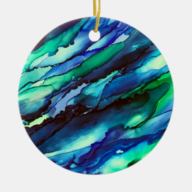 Stunning Blue Alcohol Ink Painting Ceramic Ornament (Front)
