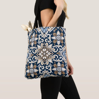 Stunning Blue and Brown Batik Floral Pattern Tote Bag