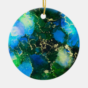 Stunning Blue and Gold Alcohol Ink Painting Ceramic Ornament