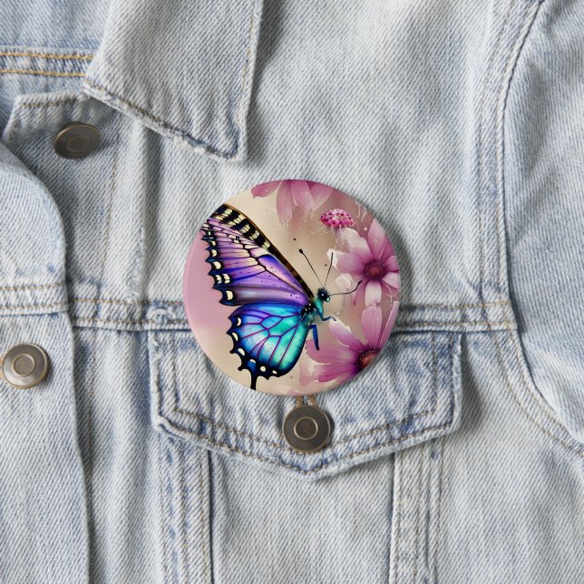 Stunning Blue Butterfly and Pink Flowers 7.5 Cm Round Badge (In Situ)