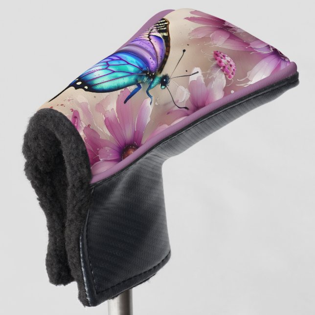 Stunning Blue Butterfly and Pink Flowers Golf Head Cover (3/4 Front)