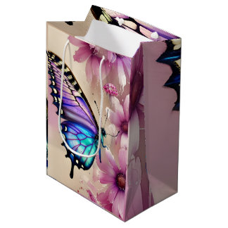 Stunning Blue Butterfly and Pink Flowers Medium Gift Bag