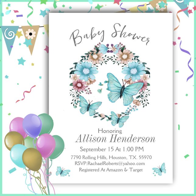 Stunning Blue Butterfly Wreath Baby Shower  Invitation (Creator Uploaded)