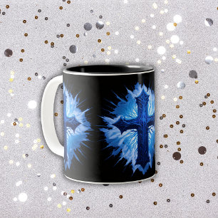 Stunning Blue Christian Cross on black   Two-Tone Coffee Mug