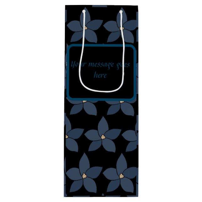 Stunning blue flowers on black wine gift bag (Front)