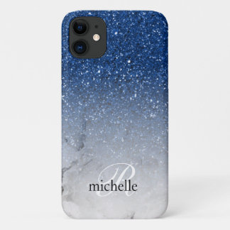 Stunning Blue Glitter Ombre Marble Monogram iPhone 11 Case