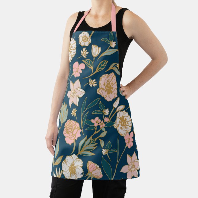 Stunning Blue Pink Flower Pattern Apron (Insitu)
