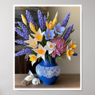 Stunning Blue Vase Floral Arrangement Daffodils Poster