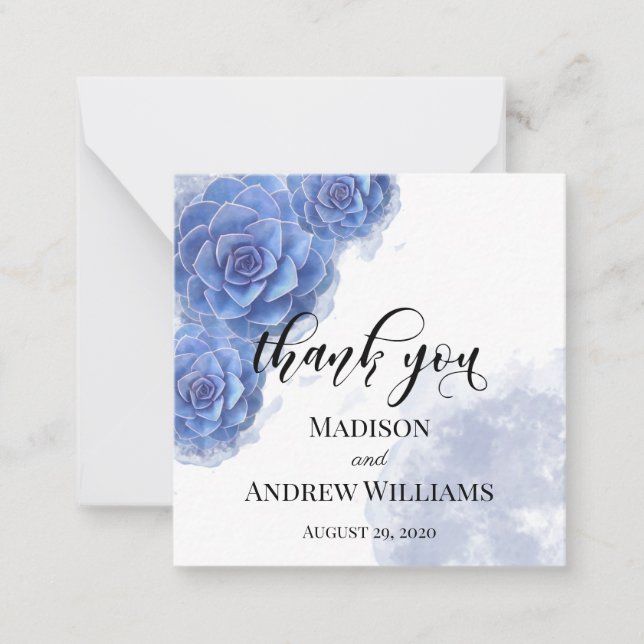 Stunning Blue Watercolor Succulents Thank You Card (Front)