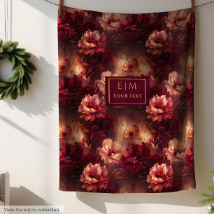 Stunning Blush Burgundy Gold Floral Watercolor  Fleece Blanket