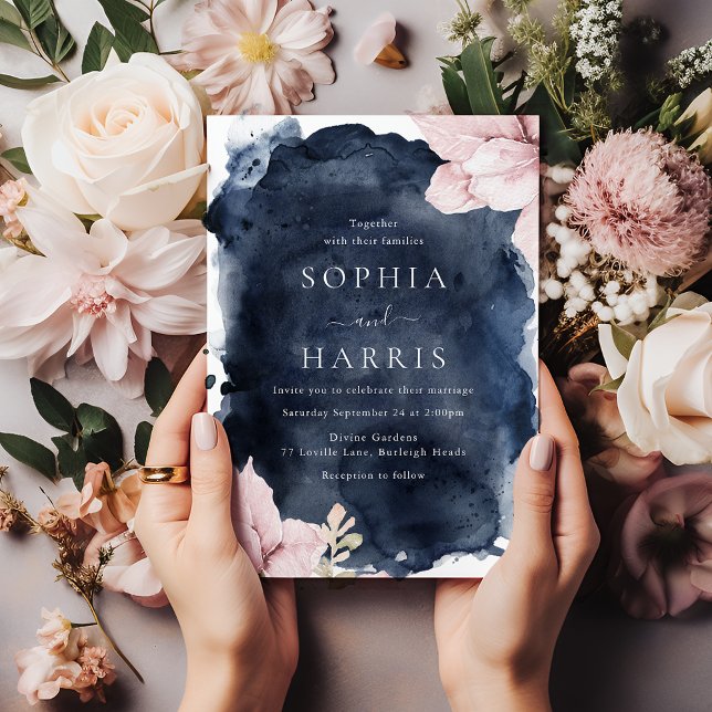 Stunning Blush Floral Navy Splash Wedding Invitation (Creator Uploaded)