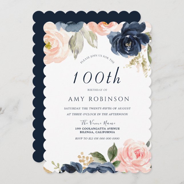 Stunning Blush & Navy Floral 100th Birthday Party Invitation (Front/Back)