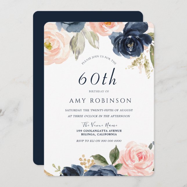 Stunning Blush & Navy Floral 60th Birthday Party Invitation (Front/Back)