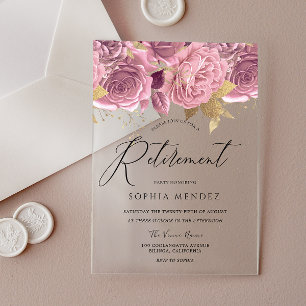 Stunning Blush Pink Floral Gold Retirement Party Acrylic Invitations