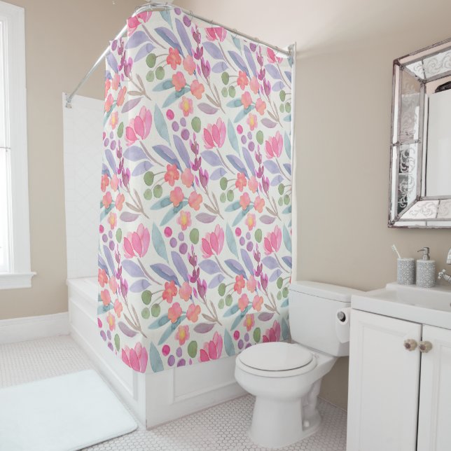 Stunning Blush Pink Watercolor Floral Pattern Shower Curtain (In Situ)