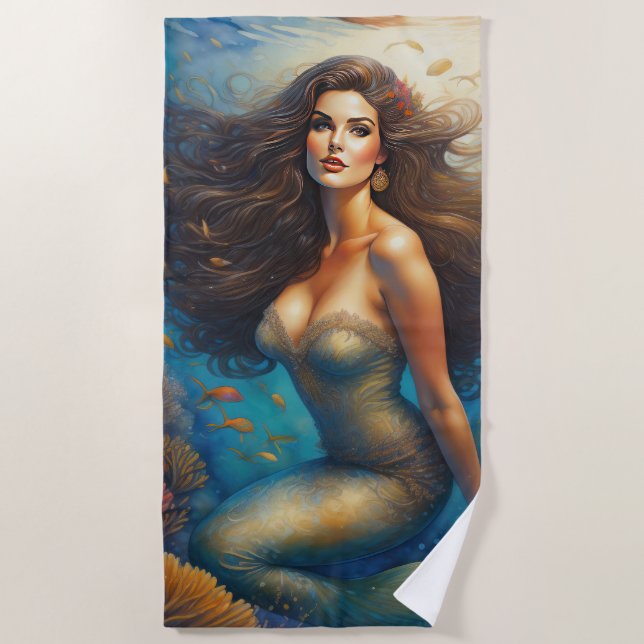 Stunning Brunette Haired Mermaid Beach Towel (Front)