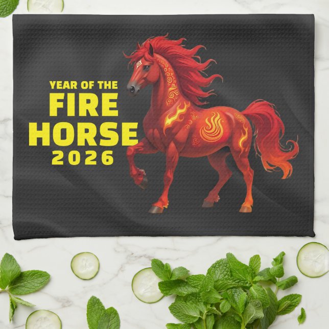Stunning Chinese Year of the Fire Horse 2026 Tea Towel (Folded)
