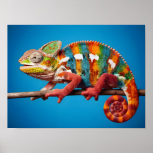 Stunning Colourful Chameleon on a Blue Background Poster