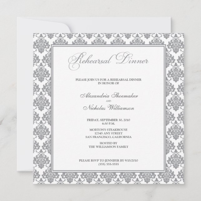 Stunning Damask Rehearsal Dinner Invite (silver) (Front)