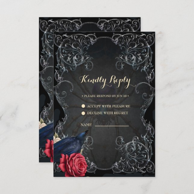 Stunning dark gothic wedding design with skulls  RSVP card (Front/Back)