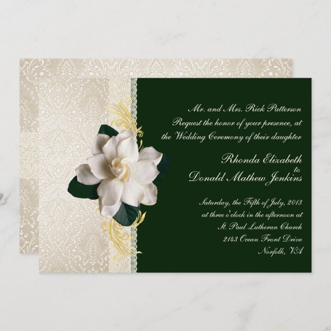 Stunning Dark Green & Ivory Gardenia Wedding Invitation (Front/Back)