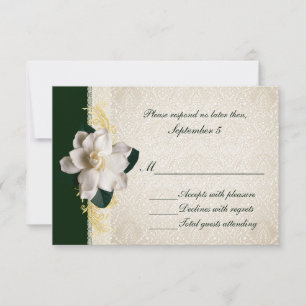 Stunning Dark Green & Ivory Gardenia Wedding RSVP Card