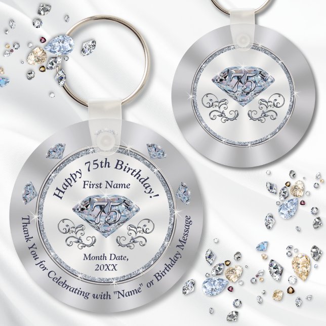 Stunning Diamond, 75th Birthday Party Favours,  Key Ring (75th birthday party favors. Personalized party favors for 75th birthday. 75th Birthday Platinum.)