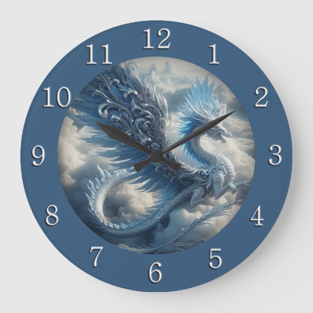 Stunning Dragon Surrounded by Clouds White Numbers Large Clock (Front)