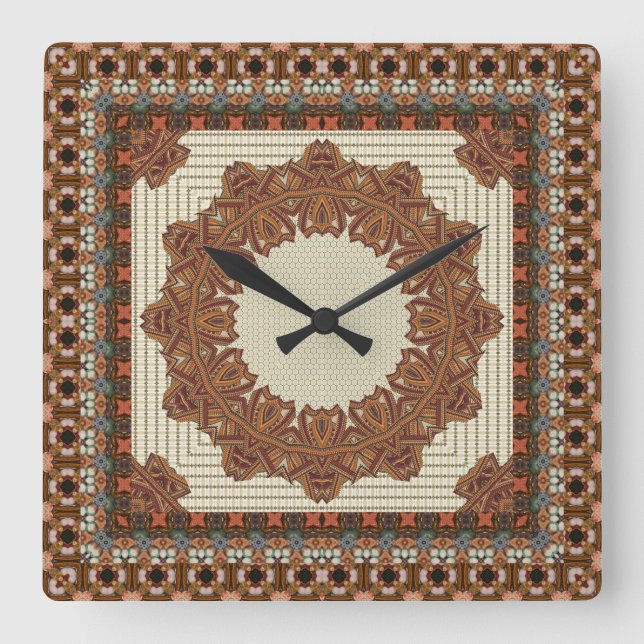 Stunning Ethnic Geometric Framed Mandala Square Wall Clock (Front)