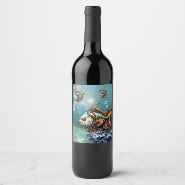 Stunning fantasy steampunk fish wine label (Front)