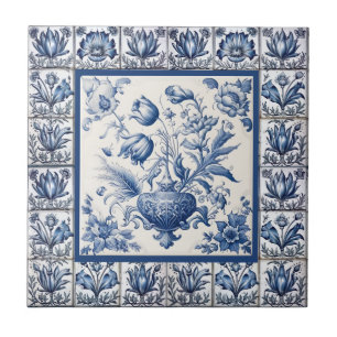Stunning floral Blue toile de jouy monogram Ceramic Tile